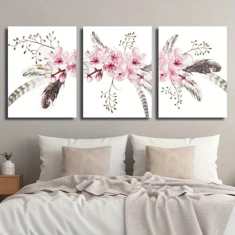 3pcs Light Pink Cherry Blossom Botanical Flowers Metal Print Ready to Hang Art