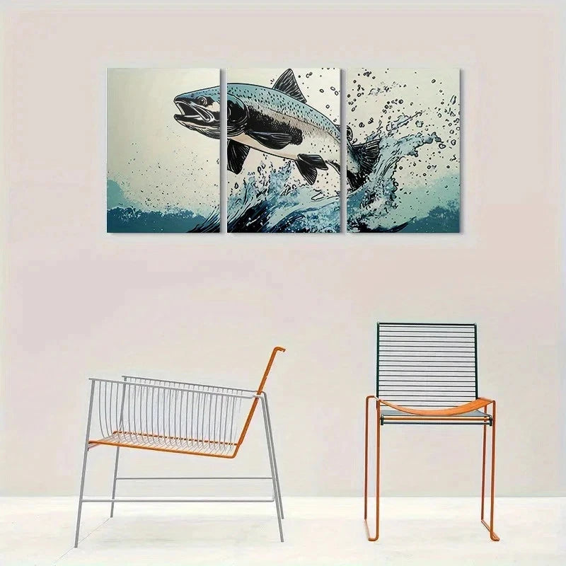3pcs Dynamic Fish Jumping Painting Metal Print Ready to Hang Art - Bella Home Decor
