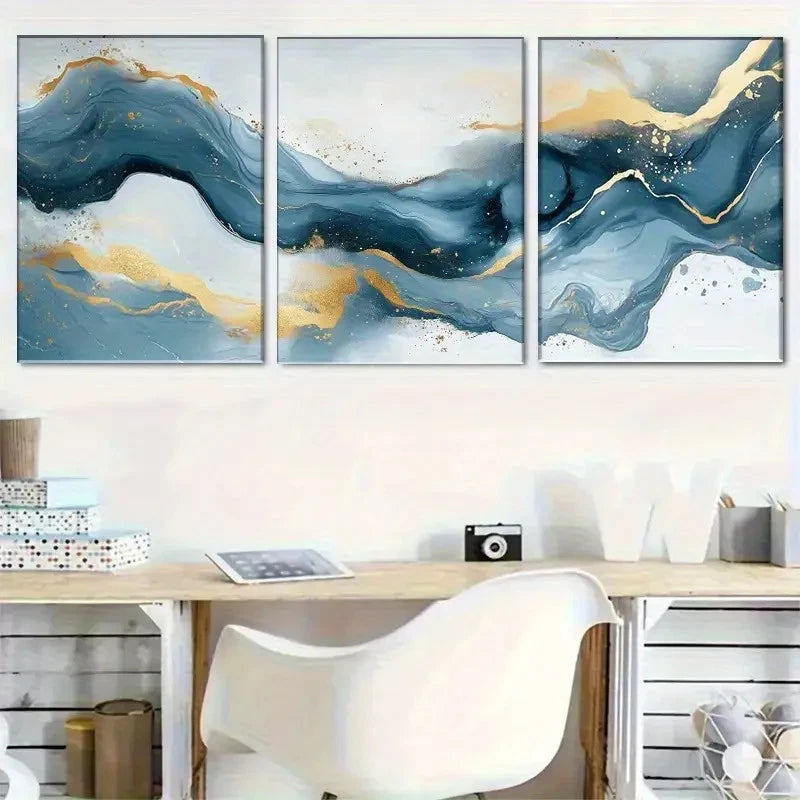3pcs Abstract Blue-Golden Wave Flowing Design Metal Print Ready to Hang Art - Bella Home Decor