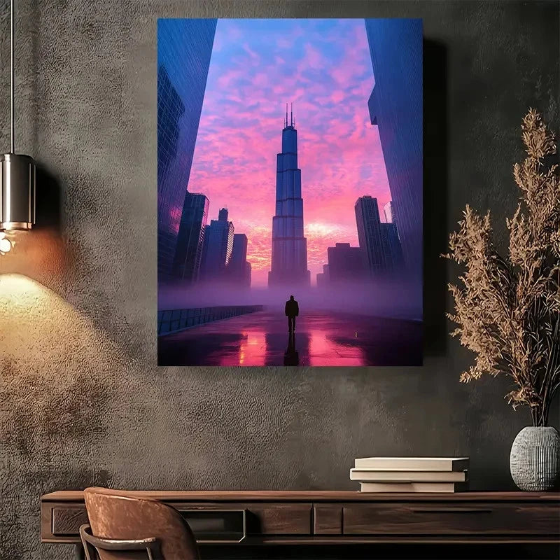 Beautiful Modern Vintage Cityscape Sunset Painting 40x60cm Metal Print Ready to Hang - Bella Home Decor