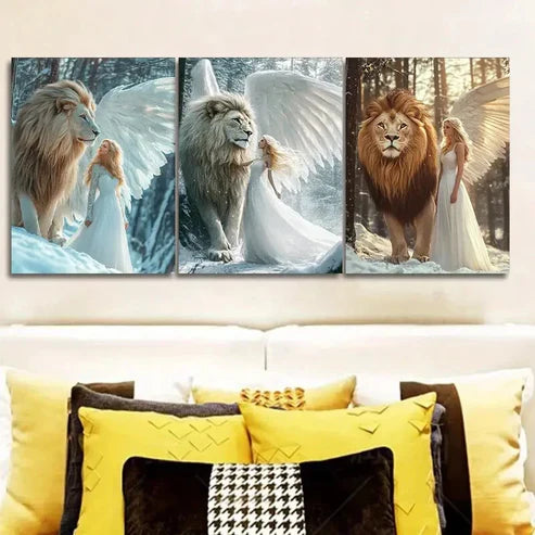 3pcs The girl and the lion in the snow Wall Art Set Canvas Unframed - High Quality Print 100% Australian Made Wall Canvas