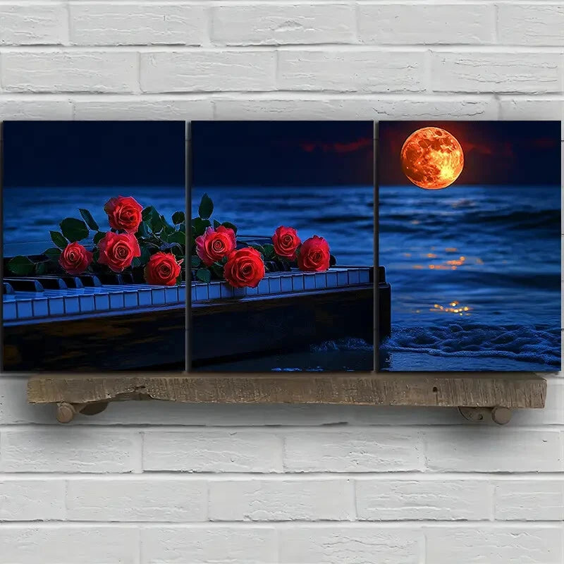 3pcs Red Rose Piano by The Sea Waves Metal Print Ready to Hang Art - Bella Home Decor