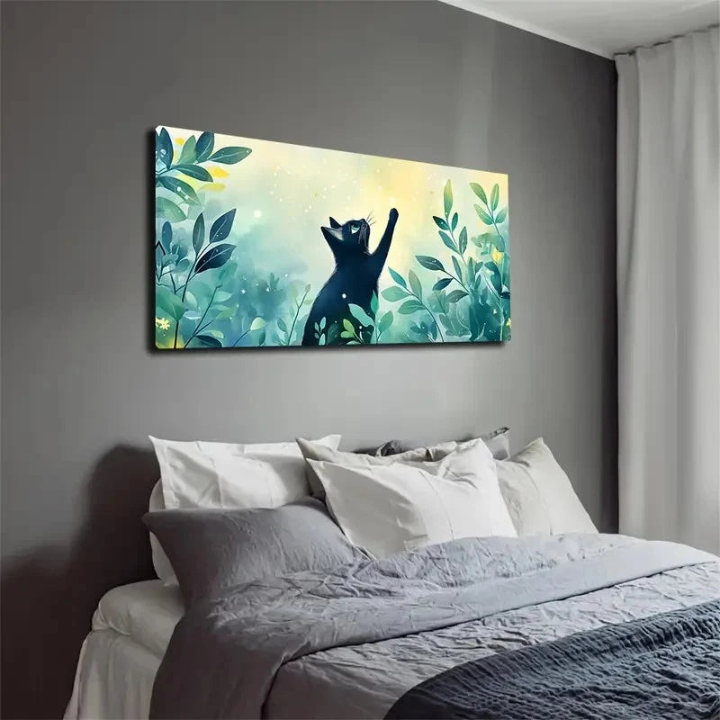 Watercolor Black Cat in Green Wall Art canvas office home room framed 120x60cm - Bella Home Decor