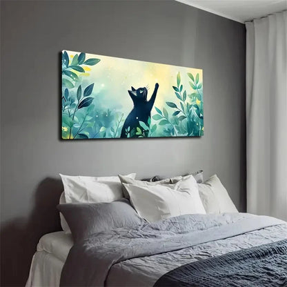 Watercolor Black Cat in Green Wall Art canvas office home room framed 120x60cm - Bella Home Decor
