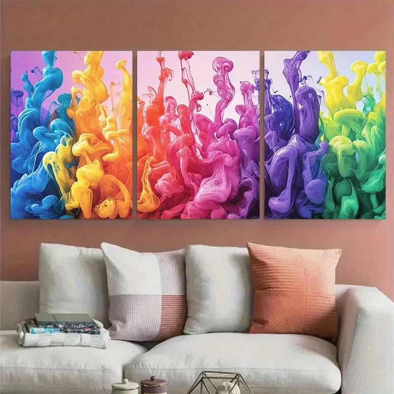 3pcs Vibrant Modern Rainbow Ink Flow Abstract Wall Art Set Canvas Framed 40x60cm - High Quality Print 100% Australian Made Wall Canvas Ready to Hang - Bella Home Decor