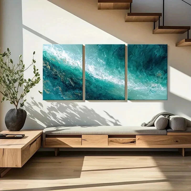 3pcs Abstract Ocean Waves Turquoise Art Metal Print Ready to Hang Art - Bella Home Decor