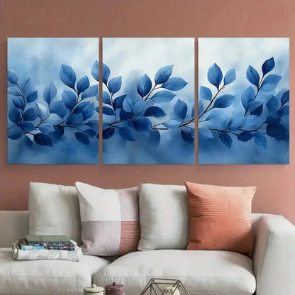 3pcs Floral Foliage Cool Toned Grey Blue Design Wall Art Set Canvas Framed 50x70cm - High Quality Print 100% Australian Made Wall Canvas Ready to Hang