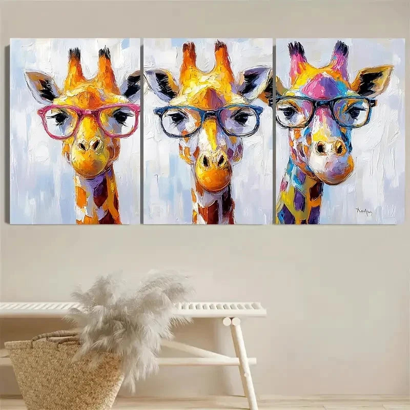 3pcs Colorful Giraffe With Glasses Wall Art Set Canvas Framed 50x70cm - High Quality Print 100% Australian Made Wall Canvas Ready to Hang - Bella Home Decor