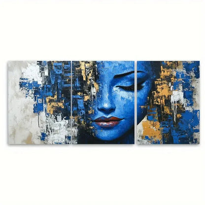 3pcs Modern Figurative Woman Face in Blue Klimt Wall Art Set Canvas Framed 60x90cm - High Quality Print 100% Australian Made Wall Canvas Ready to Hang