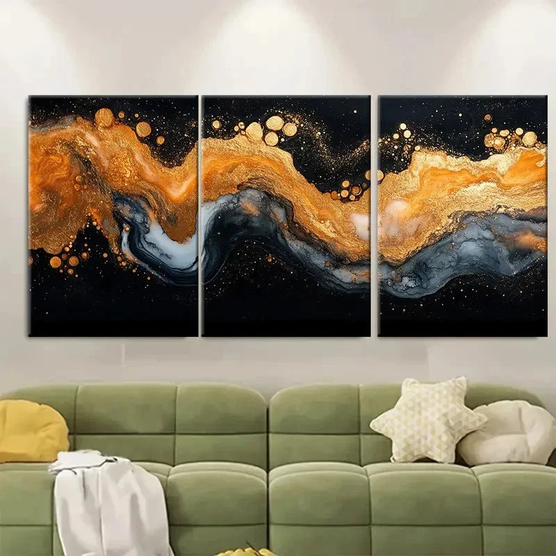 3pcs Golden, Black, And White Marble Effect  Wall Art Set Canvas Framed 60x90cm - High Quality Print 100% Australian Made Wall Canvas Ready to Hang - Bella Home Decor
