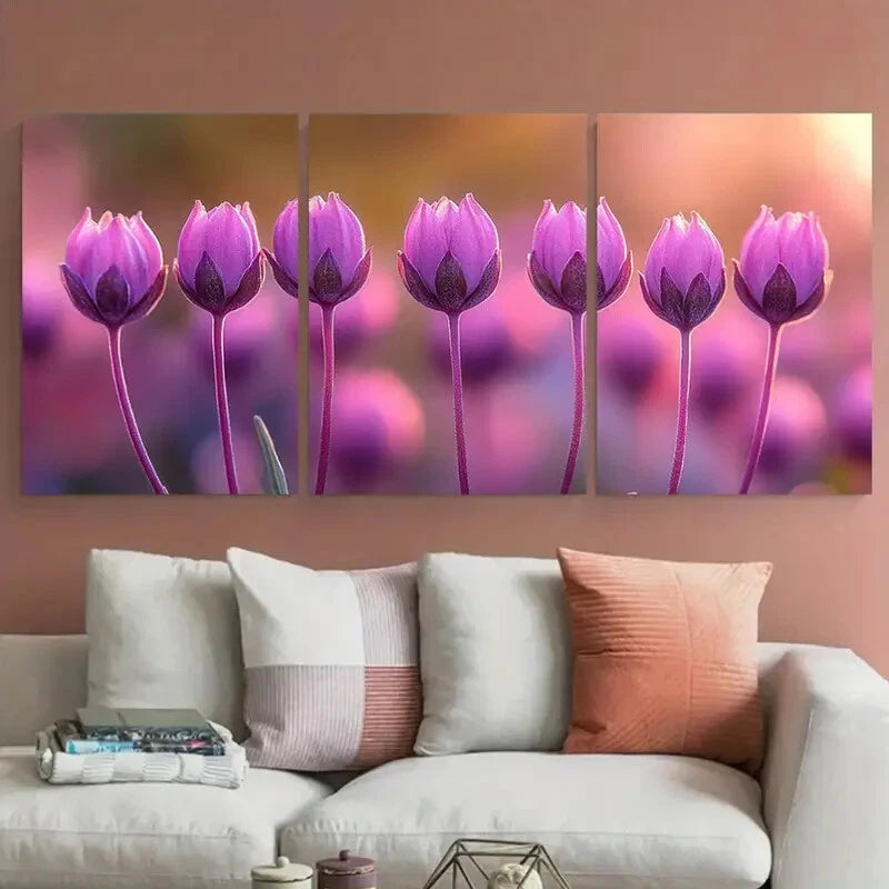 3pcs Small Purple Pink Flower Buds Illustration Metal Print Ready to Hang Art - Bella Home Decor