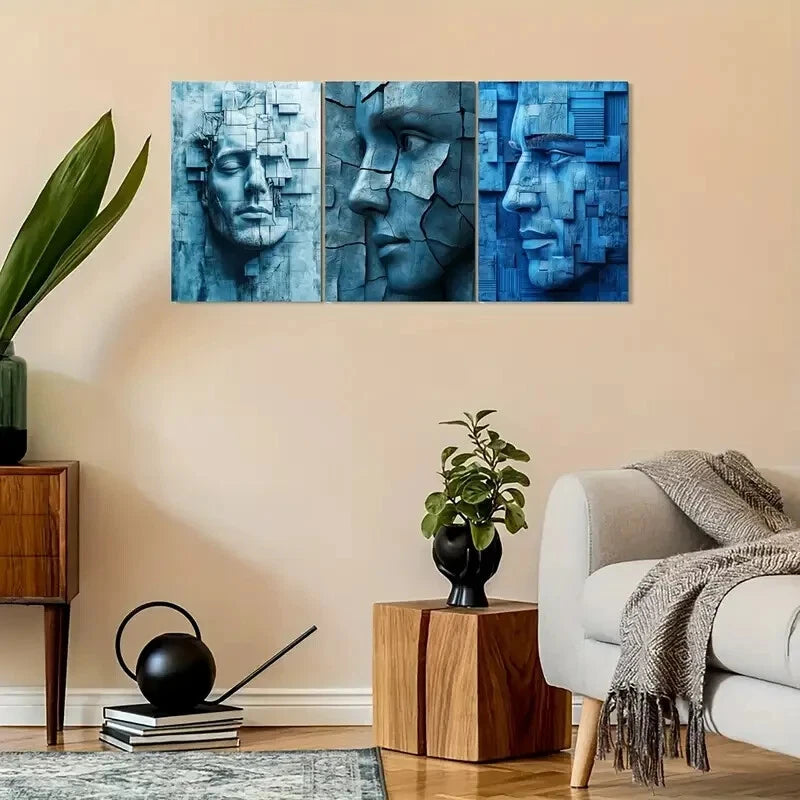 3pcs Vintage Blue-Toned Portrait Metal Print Ready to Hang Art - Bella Home Decor