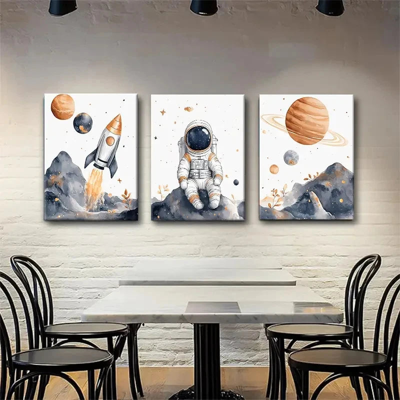3pcs Whimsical Outer Space Adventure Wall Art Set Canvas Framed 50x70cm - High Quality Print 100% Australian Made Wall Canvas Ready to Hang - Bella Home Decor