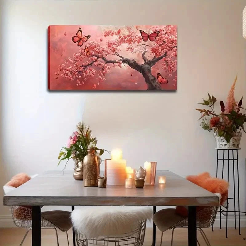 Cherry Blossom Butterfly Scene Wall Art Canvas Office Home Room Framed 120x60cm