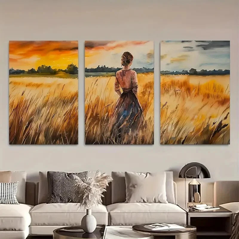 3pcs Dramatic Girl on  Wheat Field Metal Print Ready to Hang Art - Bella Home Decor
