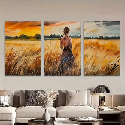 3pcs Dramatic Girl on  Wheat Field Metal Print Ready to Hang Art - Bella Home Decor
