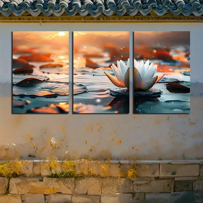 3pcs Vibrant Lotus Flower on the Lake with Leaves Metal Print Ready to Hang Art