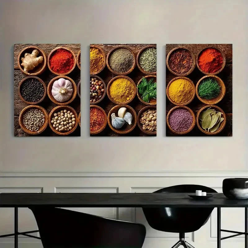 3pcs Spices Kitchen Artwork Wall Painting Metal Print Ready to Hang Art - Bella Home Decor