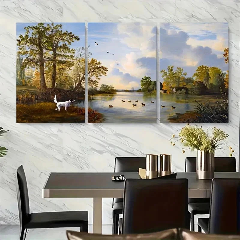 3pcs Hunting Dog & Duck Pond Scene Metal Print Ready to Hang Art