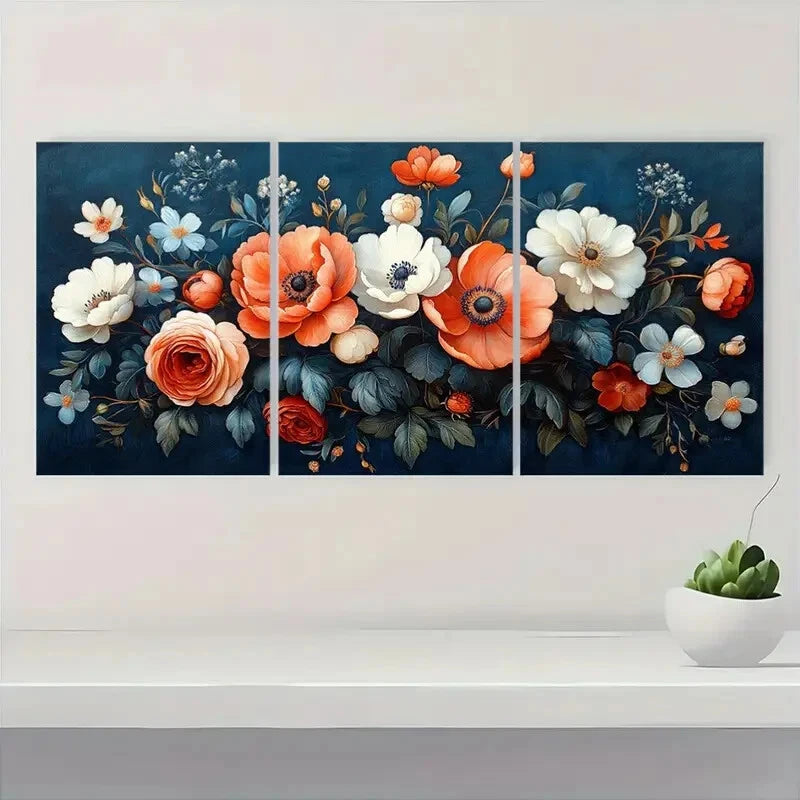 3pcs Abstract Blue & Orange Floral Design Metal Print Ready to Hang Art - Bella Home Decor