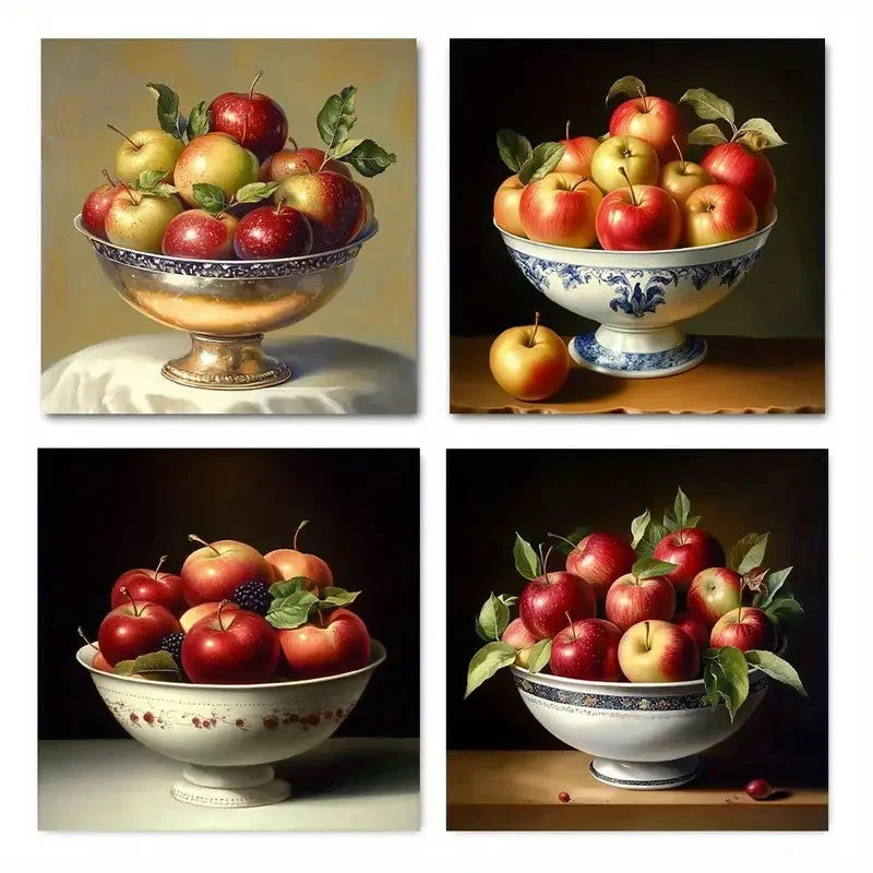 4pcs Apples, Blue & White Porcelain Bowls  Wall Art Canvas Framed