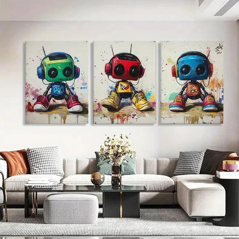 3pcs Playful Robot Figures Cheerful Car Perfect Wall Art Set Canvas Unframed - High Quality Print 100% Australian Made Wall Canvas