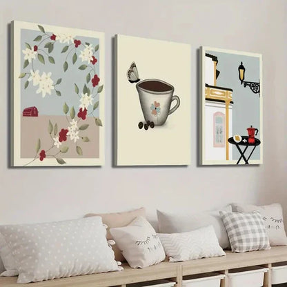 3pcs Coffee Butterfly Tree Botanical Flower Wall Art Set Canvas Unframed - High Quality Print 100% Australian Made Wall Canvas - Bella Home Decor