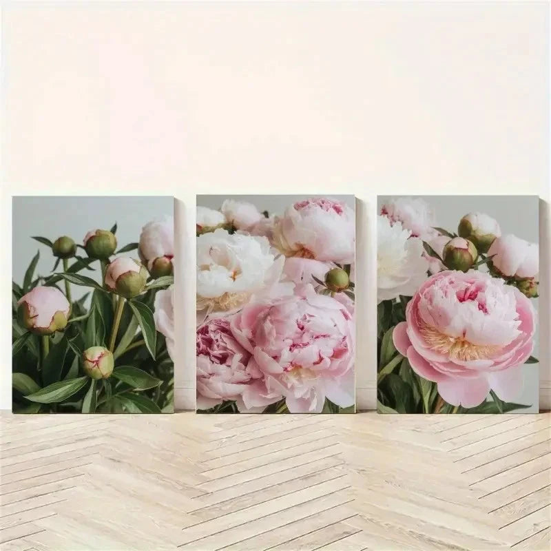 3pcs Pink Peony Flowers Greenery, Soft Pastel     Wall Art Set Canvas Framed 40x60cm - High Quality Print 100% Australian Made Wall Canvas Ready to Hang