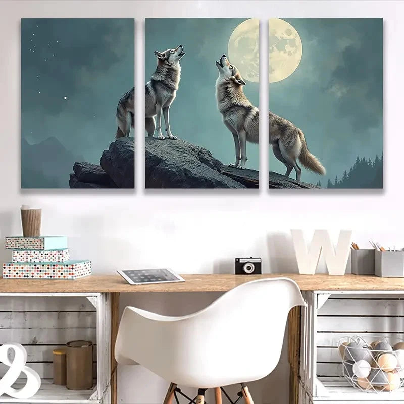 3pcs Wolf Howls at the Moon Y  Wall Art Set Canvas Framed 50x70cm - High Quality Print 100% Australian Made Wall Canvas Ready to Hang - Bella Home Decor