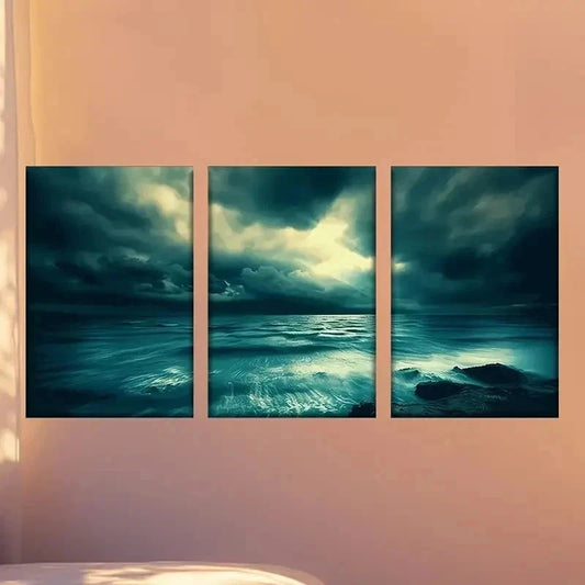 3pcs Dark Sky Waves Wall Art Set Canvas Framed 40x60cm - High Quality Print 100% Australian Made Wall Canvas Ready to Hang