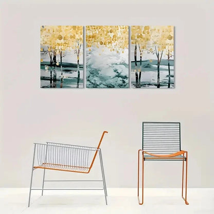 3pcs Golden & Blue Leaf Design Metal Print Ready to Hang Art - Bella Home Decor