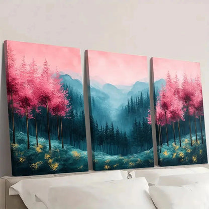3pcs Pine Forest Artwork Pink Green DF   Wall  Art Set Canvas Framed 60x90cm - High Quality Print 100% Australian Made Wall Canvas Ready to Hang )
