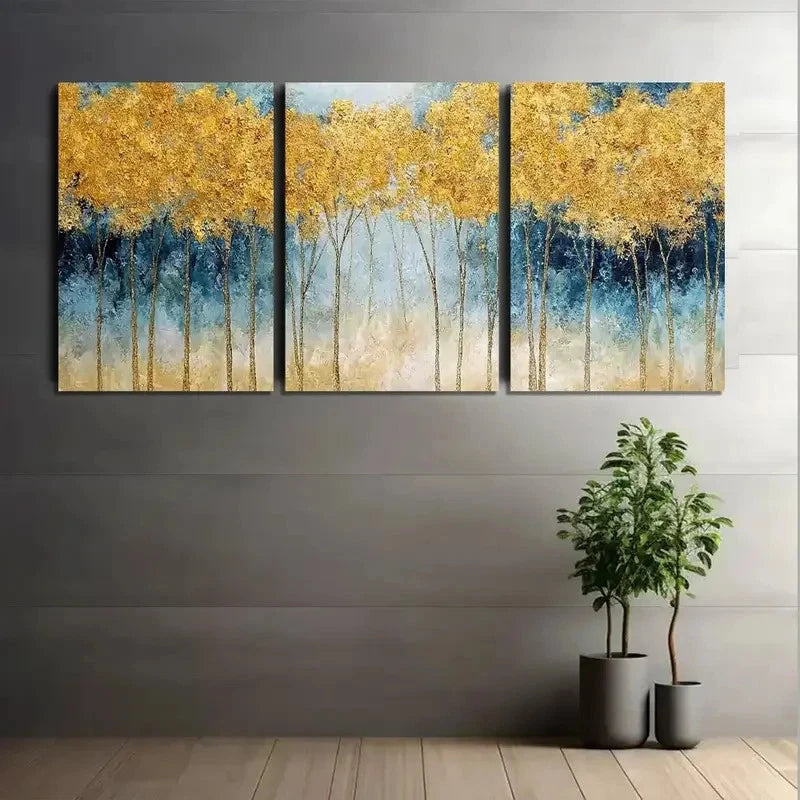 3pcs Golden Forest Landscape with Blue Accents Metal Print Ready to Hang Art - Bella Home Decor