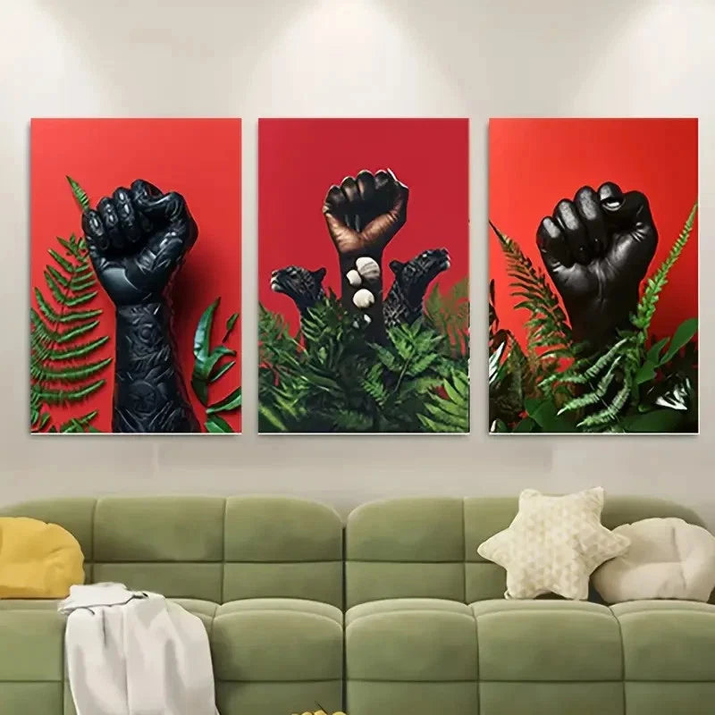 3pcs Black Fists & Red Background, Modern Wall Art Set Canvas Framed 50x70cm - High Quality Print 100% Australian Made Wall Canvas Ready to Hang - Bella Home Decor