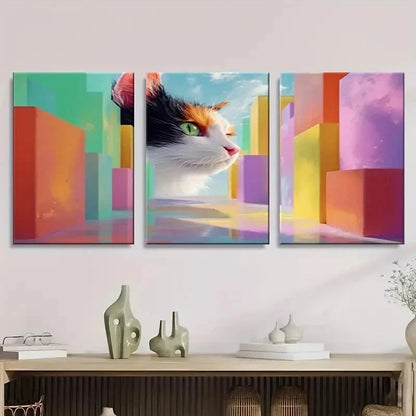 3pcs Vibrant Cat & Cityscape Wall Art Set Canvas Framed 60x90cm - High Quality Print 100% Australian Made Wall Canvas Ready to Hang