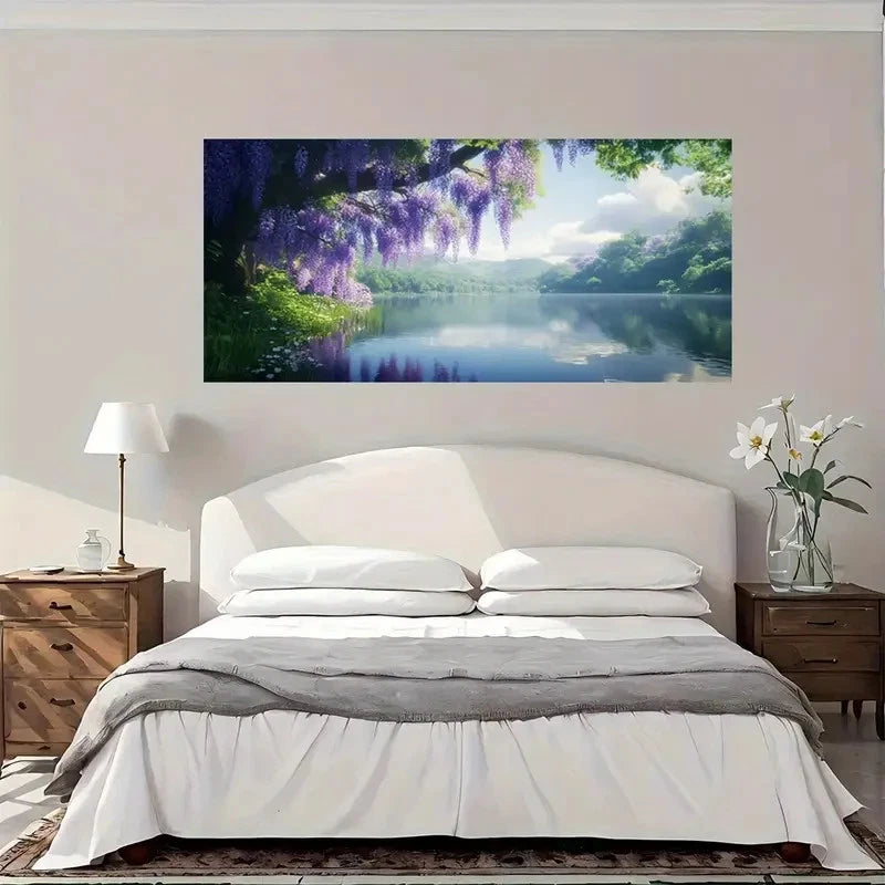 Purple Wisteria Lake Nature Wall Art Canvas Office Home Room Framed 120x60cm