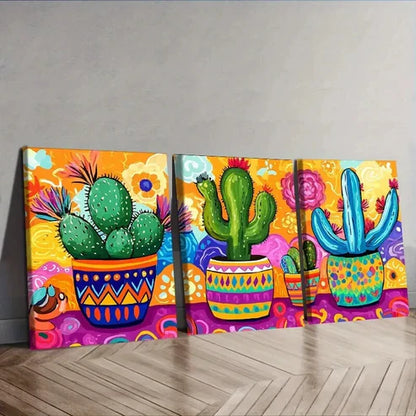 3pcs Cactus in Colorful Flower Pots Wall Art Set Canvas Unframed - High Quality Print 100% Australian Made Wall Canvas - Bella Home Decor