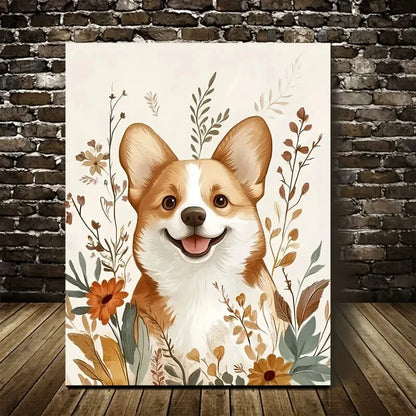 Flowers And Plants Cute Corgi Dog Painting 40x60cm Metal Print Ready to Hang