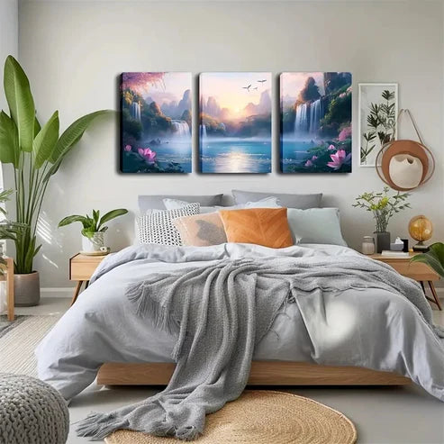 3pcs Serene Waterfall & Mountain Landscape  Wall Art Set Canvas Unframed - High Quality Print 100% Australian Made Wall Canvas