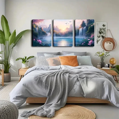 3pcs Serene Waterfall & Mountain Landscape  Wall Art Set Canvas Unframed - High Quality Print 100% Australian Made Wall Canvas