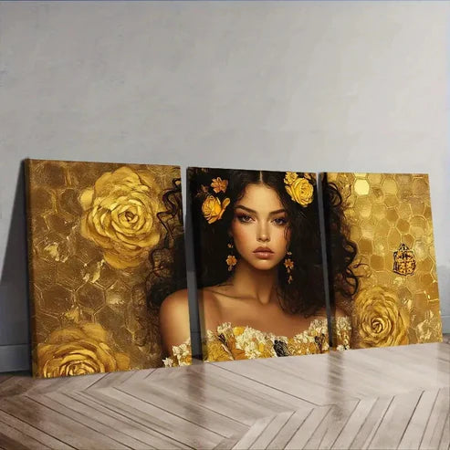 3pcs Intricate Golden lace girl Wall Art Set Canvas Unframed - High Quality Print 100% Australian Made Wall Canvas