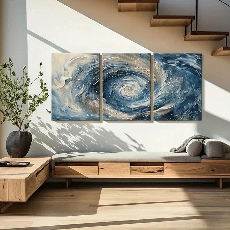 3pcs Abstract Swirl Art Blue White Palette Metal Print Ready to Hang Art - Bella Home Decor