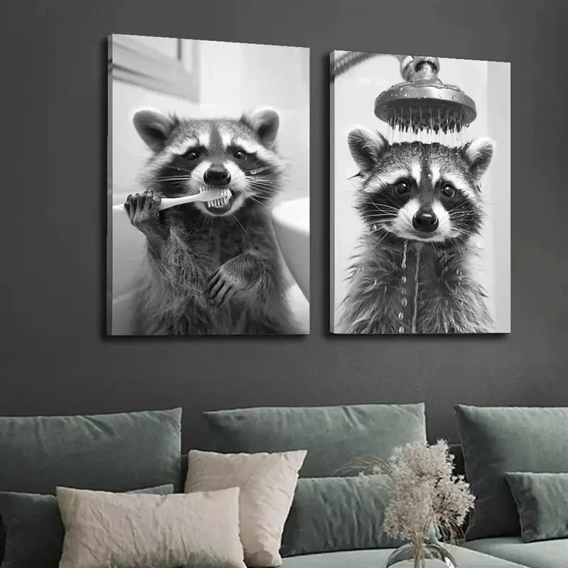 2pcs Black and White Photo of a Raccoon in it's Daily Routine Canvas Framed 50x75cm - High Quality Print 100% Australian Made Wall Canvas Ready to Hang - Bella Home Decor