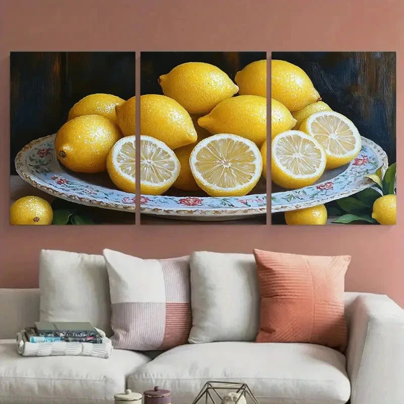 3pcs Vibrant Lemon Still Life Metal Print Ready to Hang Art - Bella Home Decor