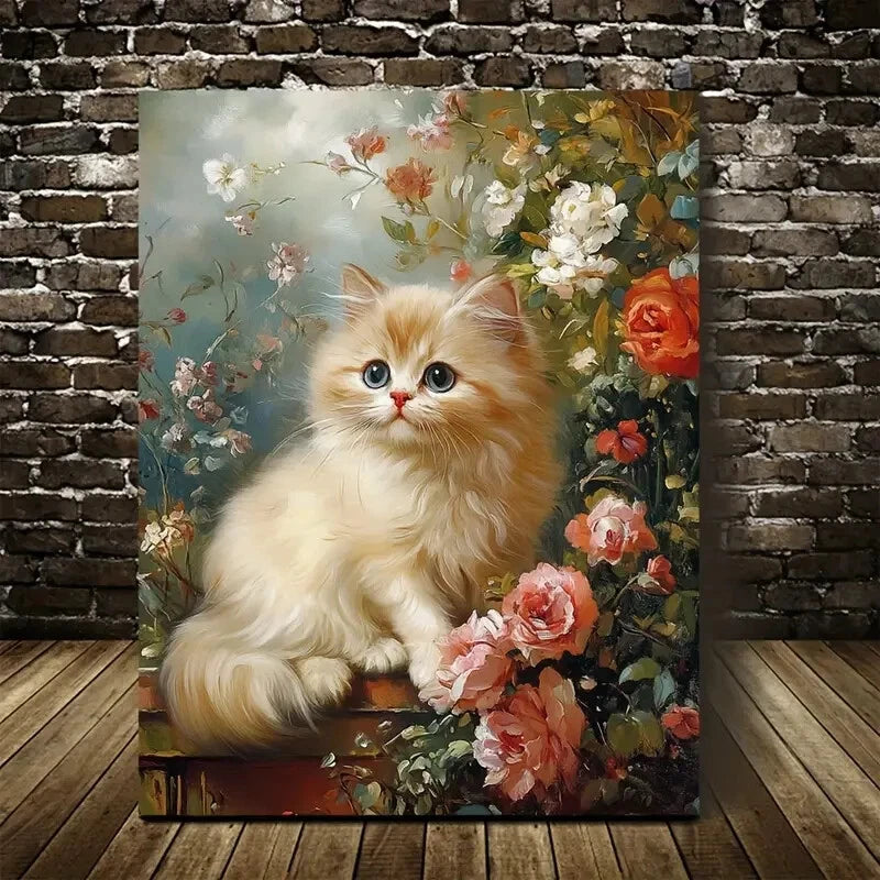 Beautiful Cute Persian Cat Kitten Flowers Painting 40x60cm Metal Print Ready to Hang - Bella Home Decor