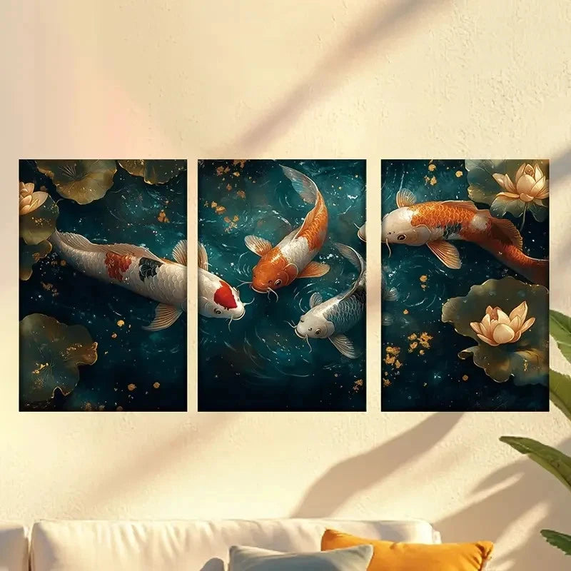 3pcs Vibrant Orange & White Koi Fish Swimming Wall Art Set Canvas Framed 40x60cm - High Quality Print 100% Australian Made Wall Canvas Ready to Hang