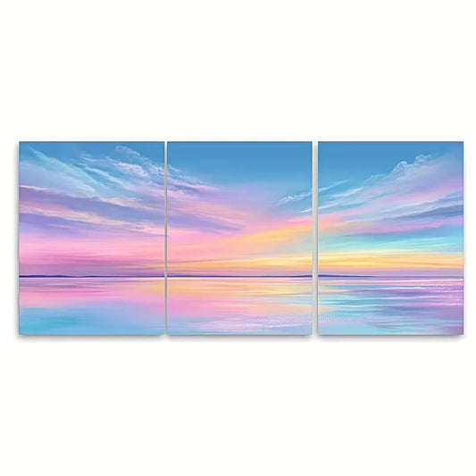 3pcs Soft Beach Sunrise Painting Coastal Landscape Metal Print Ready to Hang Art