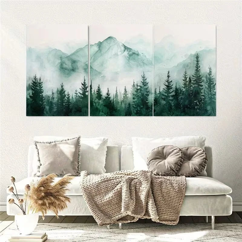3pcs Mountains Landscape with Fog Forest Wall Art Set Canvas Framed 50x70cm - High Quality Print 100% Australian Made Wall Canvas Ready to Hang