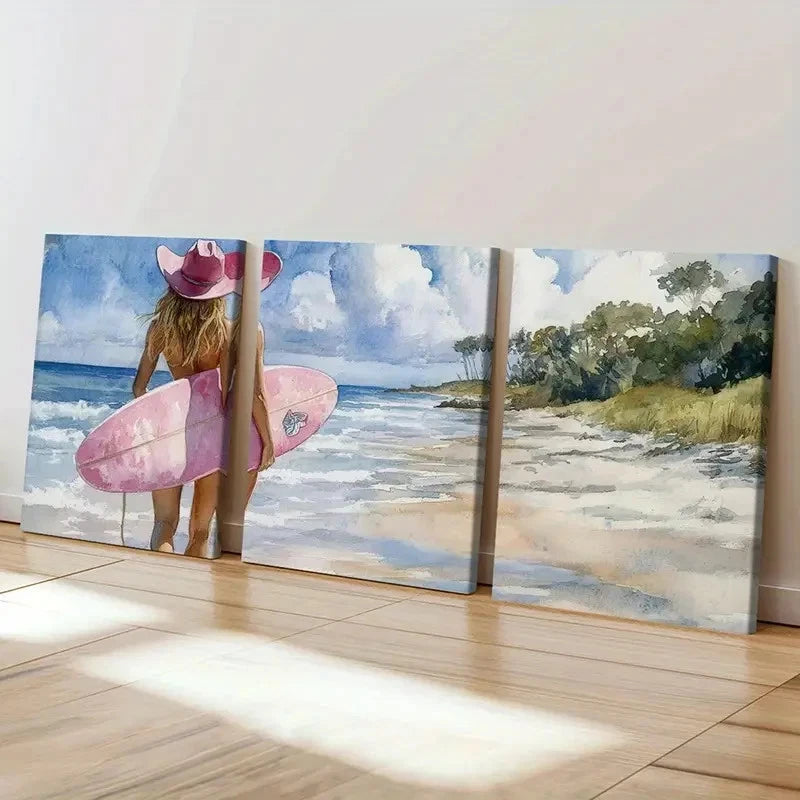 3pcs Hyams Beach Girl Hat Surfboard Beach Scene Wall Art Set Canvas Framed 50x70cm - High Quality Print 100% Australian Made Wall Canvas Ready to Hang - Bella Home Decor