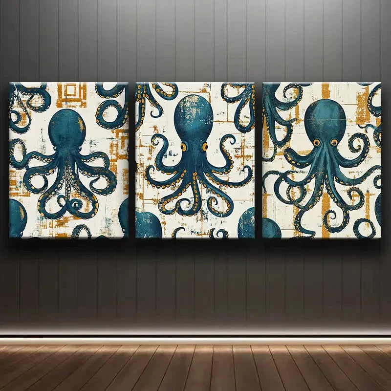 3pcs Contemporary Octopus Sea Animal Metal Print Ready to Hang Art - Bella Home Decor